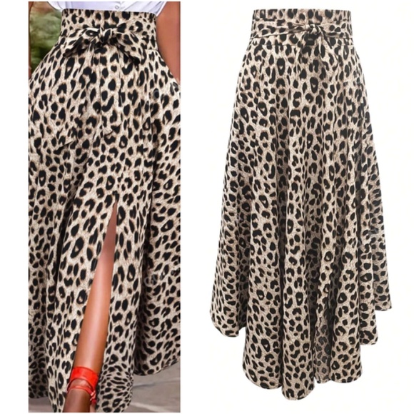 Dresses & Skirts - Classic Leopard Print High Waisted Split Thigh Pockets Maxi Skirt
